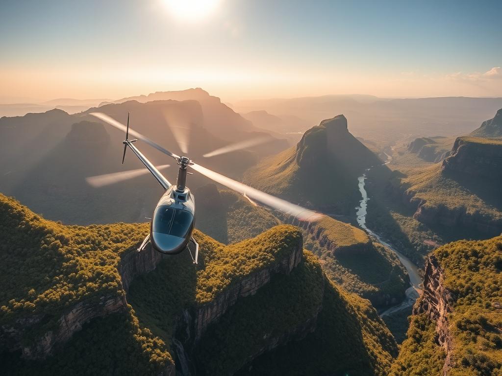 Dramatic aerial shot of a helicopter soaring over the captivating Panorama Route in South Africa. Lush, verdant landscapes unfold beneath, showcasing the region's diverse natural wonders - towering cliffs, cascading waterfalls, and winding rivers. Soft, warm sunlight bathes the scene, creating a serene, enchanting atmosphere. The helicopter's sleek, metallic form cuts through the sky, offering a unique bird's-eye perspective of the thrilling activities and tours available along this breathtaking scenic route. Striking the perfect balance between adventure and tranquility, this image invites the viewer to immerse themselves in the captivating allure of the Panorama Route's remarkable natural beauty. Dramatic aerial shot of a helicopter soaring over the captivating Panorama Route in South Africa. Lush, verdant landscapes unfold beneath, showcasing the region's diverse natural wonders - towering cliffs, cascading waterfalls, and winding rivers. Soft, warm sunlight bathes the scene, creating a serene, enchanting atmosphere. The helicopter's sleek, metallic form cuts through the sky, offering a unique bird's-eye perspective of the thrilling activities and tours available along this breathtaking scenic route. Striking the perfect balance between adventure and tranquility, this image invites the viewer to immerse themselves in the captivating allure of the Panorama Route's remarkable natural beauty.