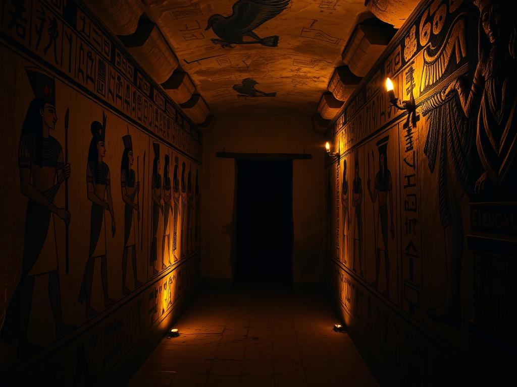 Gloomy chamber adorned with intricate wall murals depicting the life and rituals of Egypt's noble class. Dimly lit by flickering torchlight, the scene exudes an air of mystery and reverence. Elaborately garbed figures in ceremonial poses, their expressions serene and stoic. Hieroglyphic inscriptions and symbolic motifs line the walls, hinting at the sacred nature of this hidden tomb. Shadows dance across the uneven stone surfaces, creating a moody, atmospheric setting. A narrow passageway leads deeper into the chamber, inviting the viewer to explore the secrets of this ancient necropolis. Muted tones of ochre, umber, and indigo predominate, evoking the timeless grandeur of Egypt's noble heritage. Gloomy chamber adorned with intricate wall murals depicting the life and rituals of Egypt's noble class. Dimly lit by flickering torchlight, the scene exudes an air of mystery and reverence. Elaborately garbed figures in ceremonial poses, their expressions serene and stoic. Hieroglyphic inscriptions and symbolic motifs line the walls, hinting at the sacred nature of this hidden tomb. Shadows dance across the uneven stone surfaces, creating a moody, atmospheric setting. A narrow passageway leads deeper into the chamber, inviting the viewer to explore the secrets of this ancient necropolis. Muted tones of ochre, umber, and indigo predominate, evoking the timeless grandeur of Egypt's noble heritage.