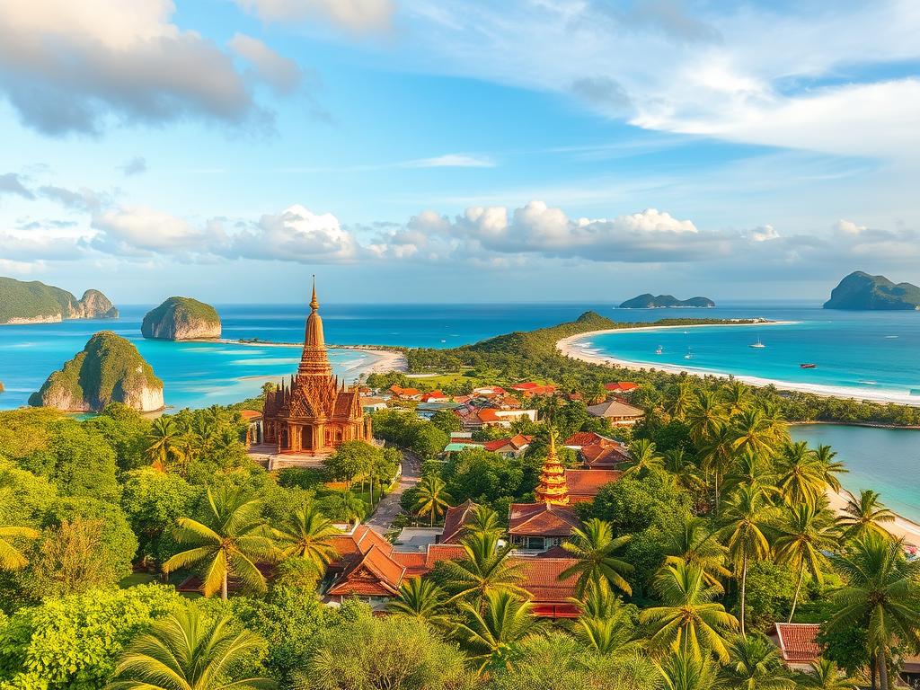 Lush tropical landscapes of Thailand's regional highlights, captured in a vibrant panoramic view. In the foreground, the iconic limestone cliffs and turquoise waters of Koh Samui's beaches. In the middle ground, the ornate temples and bustling markets of Chiang Mai's historic old town. In the distant background, the serene, palm-fringed shores of Koh Phangan, silhouetted against a golden sunset sky. The scene is bathed in warm, soft lighting, creating a dreamy, inviting atmosphere that perfectly encapsulates the essence of Thailand's diverse regional charm.