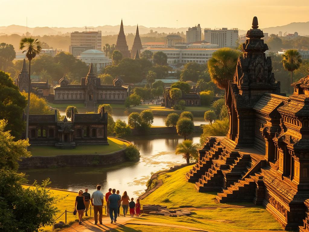 Lush, verdant landscapes of the Ayutthaya Historical Park, Thailand. In the foreground, a group of tourists exploring ancient ruins, marveling at the crumbling stone temples and intricate carvings. Middle ground features a tranquil river, its waters reflecting the towering spires of the historic site. The background showcases a blend of modern and traditional architecture, hinting at the dynamic interplay between past and present. Warm, golden sunlight bathes the scene, creating a sense of timelessness and wonder. The composition emphasizes the juxtaposition of the park's rich cultural heritage and the adventurous spirit of the visitors, inviting the viewer to embark on a captivating journey through Thailand's storied past.