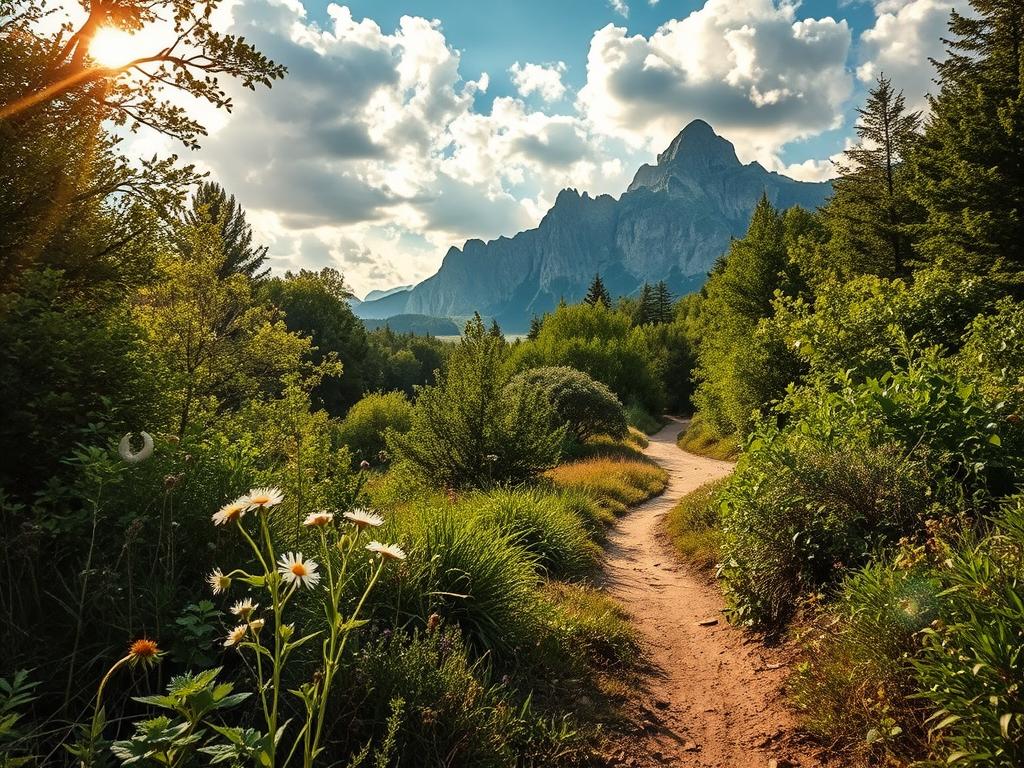 Lush, verdant vegetation in a dramatic landscape, transitioning from the dry, parched earth of the Trockenzeit (dry season) to the vibrant, verdant foliage of the Regenzeit (rainy season). A sun-dappled forest canopy casts warm, golden light across the scene, while fluffy clouds drift overhead, hinting at the impending rains. In the foreground, delicate wildflowers sway gently in a gentle breeze, their petals unfurling with the promise of new life. The middle ground reveals a winding dirt path, leading the eye deeper into the enchanting wilderness. Beyond, towering mountains rise majestically, their rugged silhouettes a testament to the dynamic forces that shape this spectacular landscape.