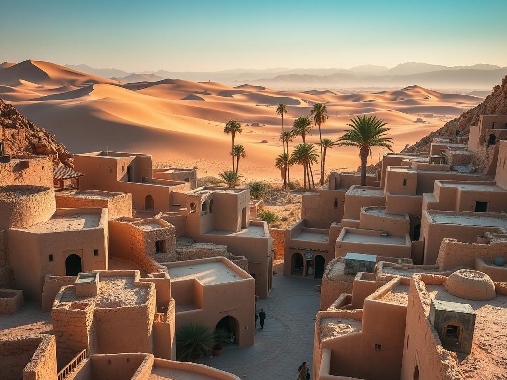 Majestic adobe dwellings nestled amidst rolling desert dunes, their timeless architecture a testament to the enduring legacy of Saudi Arabia's UNESCO World Heritage sites. Sunlight casts warm hues across the quaint, weathered facades, inviting exploration of winding alleyways and bustling marketplaces. In the distance, towering palm trees sway gently, framing a breathtaking panorama of the arid, yet captivating landscape. Capture the essence of this cultural tapestry, with a cinematic wide-angle lens that immerses the viewer in the serene, timeless ambiance of these historic Arabian villages.