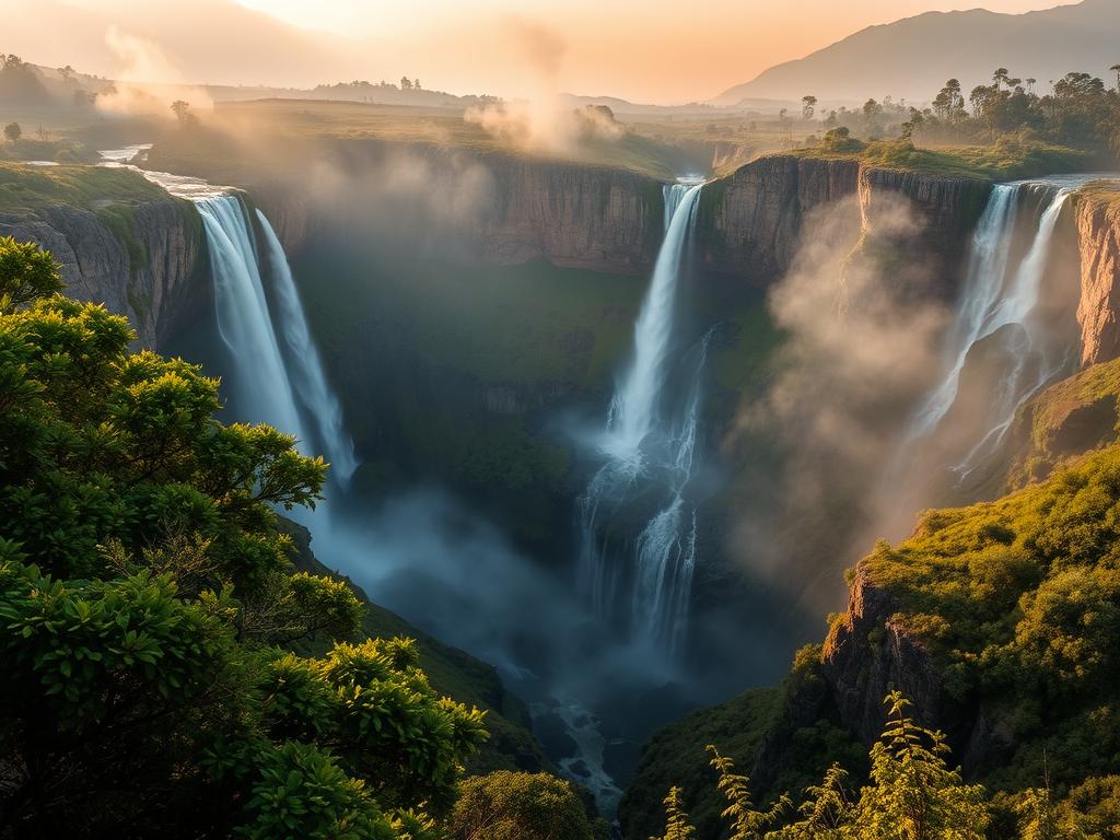 Majestic cascading waterfalls tumbling down rugged cliffs along the Panorama Route, South Africa. Lush, verdant foliage frames the ethereal scene, creating a serene and awe-inspiring panorama. Warm, golden sunlight filters through the misty spray, casting a soft, diffused glow over the dramatic landscape. The camera captures this natural wonder from a mid-level vantage point, showcasing the scale and grandeur of the Mac Mac Falls in stunning detail. A tranquil, contemplative mood pervades the image, inviting the viewer to immerse themselves in the captivating beauty of this picturesque South African destination. Majestic cascading waterfalls tumbling down rugged cliffs along the Panorama Route, South Africa. Lush, verdant foliage frames the ethereal scene, creating a serene and awe-inspiring panorama. Warm, golden sunlight filters through the misty spray, casting a soft, diffused glow over the dramatic landscape. The camera captures this natural wonder from a mid-level vantage point, showcasing the scale and grandeur of the Mac Mac Falls in stunning detail. A tranquil, contemplative mood pervades the image, inviting the viewer to immerse themselves in the captivating beauty of this picturesque South African destination.