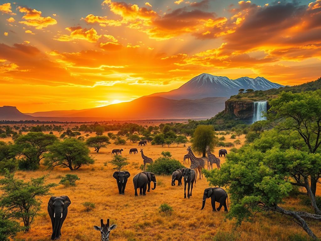 Majestic landscapes and diverse wildlife in the heart of Africa. Expansive savannas dotted with acacia trees, towering mountains capped with snow, and cascading waterfalls surrounded by lush, verdant foliage. Herds of elephants, prides of lions, and graceful giraffes roaming freely against a backdrop of vibrant sunsets. Capture the breathtaking natural beauty and awe-inspiring moments through a wide-angle lens, showcasing the grandeur and splendor of this remarkable continent. Evoke a sense of wonder, adventure, and the profound connection between humanity and the wild, untamed essence of Africa.