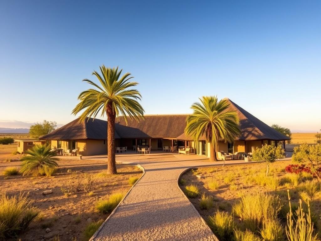 Mokuti Etosha Lodge nestled in the heart of Namibia's lush landscapes, a serene oasis amidst the rugged Etosha National Park. Capture the lodge's sweeping vistas, with its thatched-roof structures seamlessly blending into the surrounding acacia trees and savanna. Showcase the winding gravel paths leading visitors to the main building, framed by towering palms and vibrant local flora. Depict the lodge's elegant yet rustic exterior, with its earthy tones and weathered textures complementing the natural environment. Bathe the scene in warm, golden light, creating an inviting and tranquil atmosphere that beckons travelers to experience the lodge's serene ambiance and unparalleled access to Etosha's remarkable wildlife.