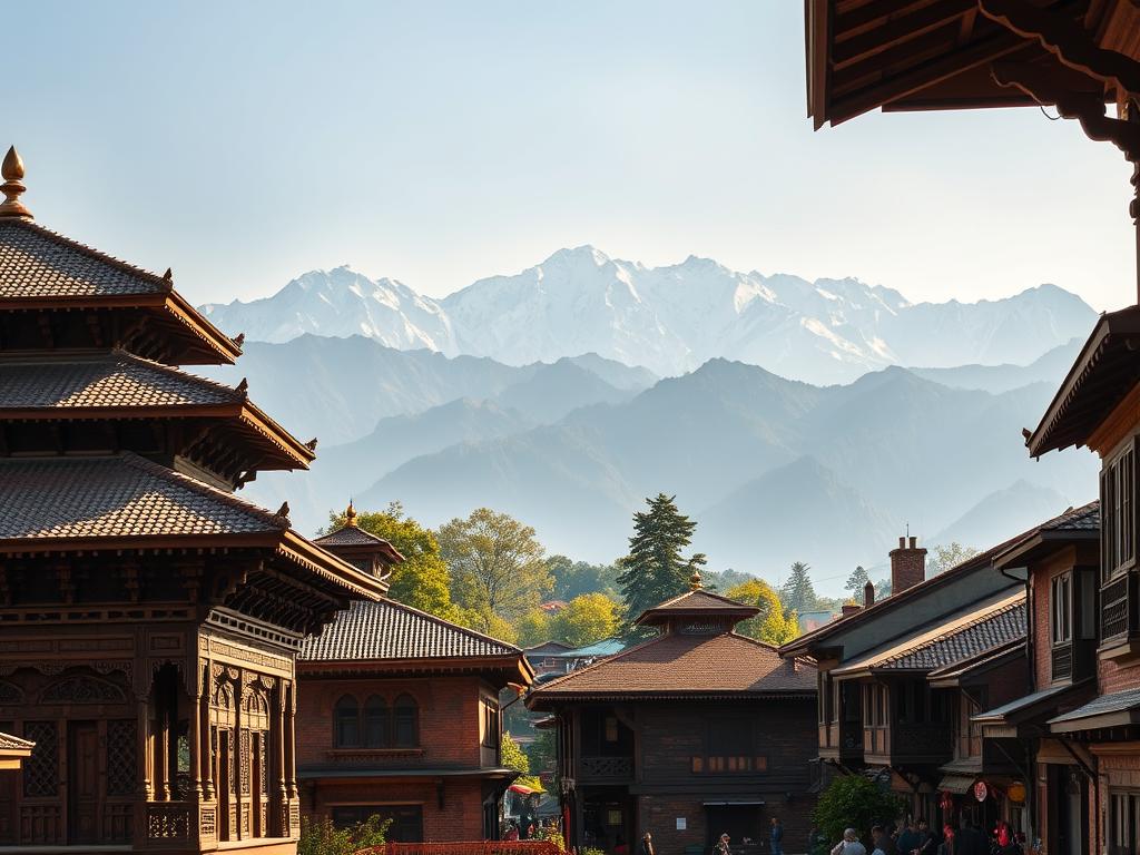 Ornate and intricate Newar architecture adorns the historic town of Dhulikhel, Nepal. In the foreground, a grand temple with intricately carved wooden facades and pagoda-style roofs stands proudly. Surrounding it, traditional brick and stone houses with ornamental windows and decorative eaves line the quaint streets. The middle ground features lush greenery and vibrant colors, creating a serene and picturesque atmosphere. In the background, the majestic Himalayan mountains rise, adding a dramatic and awe-inspiring backdrop to this stunning display of Nepalese cultural heritage. Warm, golden sunlight bathes the scene, casting soft shadows and highlighting the ornate details of the architectural masterpieces. Ornate and intricate Newar architecture adorns the historic town of Dhulikhel, Nepal. In the foreground, a grand temple with intricately carved wooden facades and pagoda-style roofs stands proudly. Surrounding it, traditional brick and stone houses with ornamental windows and decorative eaves line the quaint streets. The middle ground features lush greenery and vibrant colors, creating a serene and picturesque atmosphere. In the background, the majestic Himalayan mountains rise, adding a dramatic and awe-inspiring backdrop to this stunning display of Nepalese cultural heritage. Warm, golden sunlight bathes the scene, casting soft shadows and highlighting the ornate details of the architectural masterpieces.