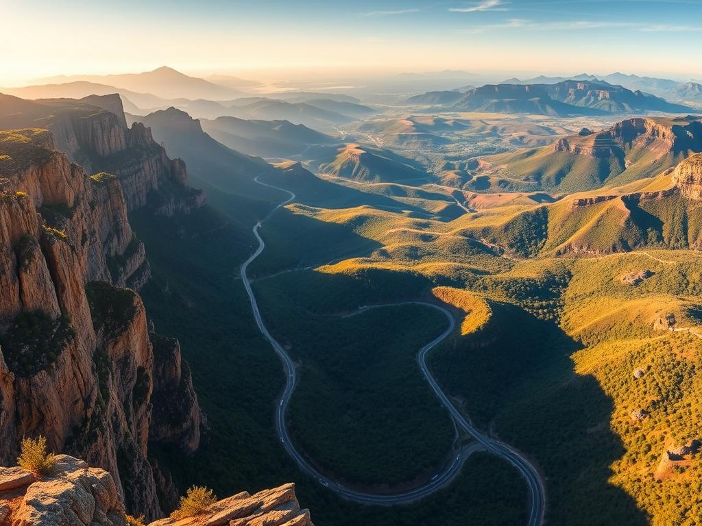 Panoramic vista of the spectacular Panorama Route in South Africa, showcasing the region's breathtaking geographic landscape. A sweeping aerial view captures the winding roads snaking through lush, rolling hills, dotted with dense forests and picturesque valleys. Dramatic rock formations and towering cliffs frame the scene, bathed in warm, golden sunlight that casts dramatic shadows. The composition emphasizes the route's dramatic elevation changes, with glimpses of distant mountain peaks on the horizon. An immersive, cinematic perspective that conveys the grand scale and natural beauty of this iconic South African destination. Panoramic vista of the spectacular Panorama Route in South Africa, showcasing the region's breathtaking geographic landscape. A sweeping aerial view captures the winding roads snaking through lush, rolling hills, dotted with dense forests and picturesque valleys. Dramatic rock formations and towering cliffs frame the scene, bathed in warm, golden sunlight that casts dramatic shadows. The composition emphasizes the route's dramatic elevation changes, with glimpses of distant mountain peaks on the horizon. An immersive, cinematic perspective that conveys the grand scale and natural beauty of this iconic South African destination.