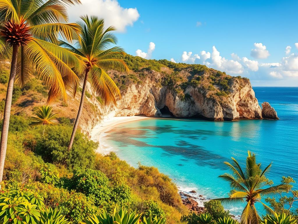 Península Hicacos, a natural wonder in Varadero, Cuba. A lush, tropical paradise with crystalline waters and pristine beaches. Capture the essence of this remarkable destination - rolling hills, swaying palm trees, and vibrant foliage in the foreground. Showcase the striking limestone cliffs and hidden coves in the middle ground, their rugged beauty contrasted by the tranquil Caribbean sea in the background. Bathe the scene in warm, golden sunlight, casting long shadows and creating a serene, inviting atmosphere. Convey the sense of discovery and exploration, as if the viewer is embarking on a journey through this enchanting natural sanctuary.