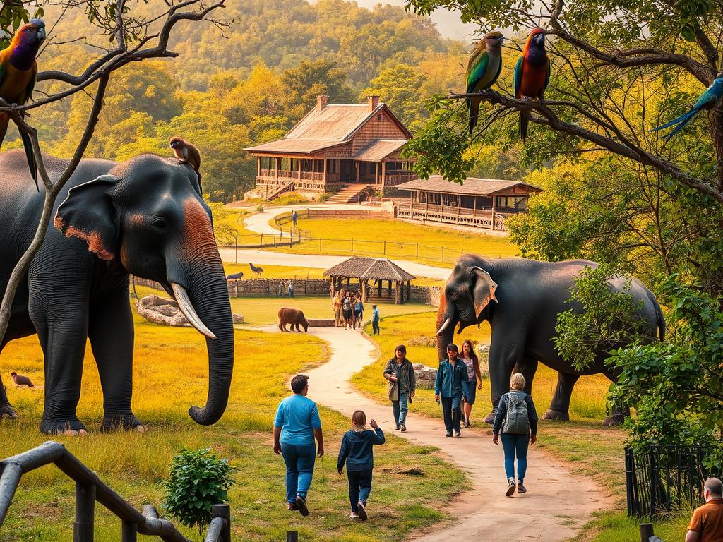 Phnom Tamao Wildlife Rescue Center, a sprawling sanctuary nestled amidst the lush Cambodian countryside. Majestic Asian elephants roam freely, their trunks swinging in gentle sways. Primates chatter and leap from branch to branch, while vibrant birds take flight, their feathers shimmering in the warm, golden sunlight. In the distance, a rustic wooden structure stands, its thatched roof and earthy tones blending seamlessly with the surrounding nature. Visitors wander the winding paths, observing the magnificent creatures up-close, a sense of wonder and reverence filling the air. This wildlife oasis, a haven for rescued animals, offers a captivating glimpse into the diverse and captivating biodiversity of Cambodia.