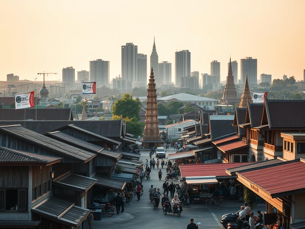 Picturesque Ayutthaya cityscape, showcasing a blend of historic architecture and modern development. In the foreground, traditional Thai-style wooden houses and shophouses line vibrant streets, their weathered facades exuding a timeless charm. The middle ground features bustling local markets, where vendors offer a diverse array of goods and delicacies. In the background, towering modern high-rises and commercial complexes rise, juxtaposing the ancient and the contemporary. The scene is bathed in warm, golden-hour lighting, casting a soft, nostalgic glow over the entire landscape. The composition captures the essence of Ayutthaya's thriving urban infrastructure, where the past and present seamlessly coexist.