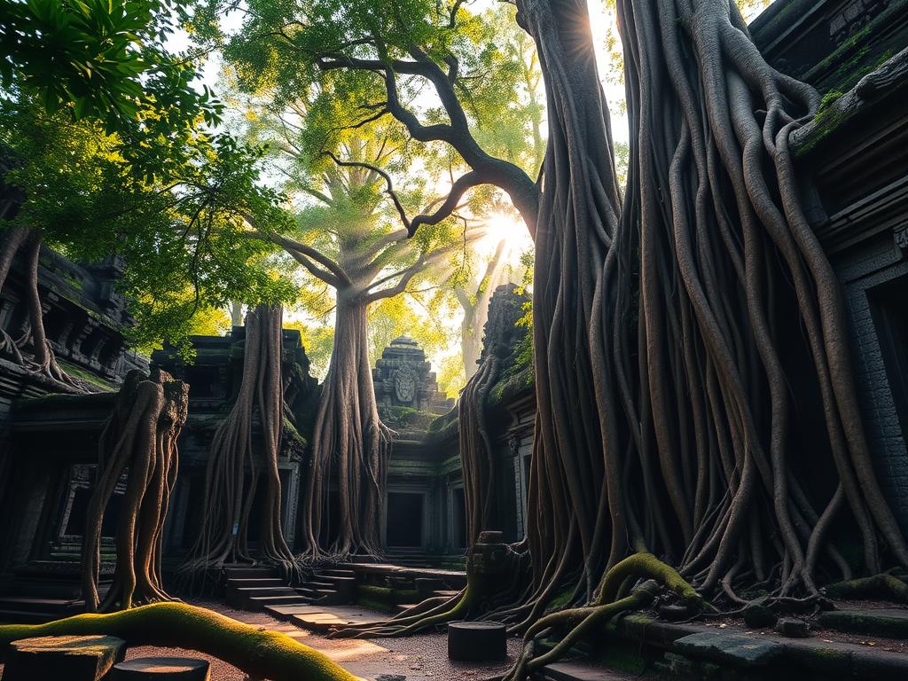 Preah Khan temple, Angkor, Cambodia. Majestic stone ruins shrouded in a lush, verdant embrace. Colossal tree roots wind through crumbling walls, reclaiming the ancient structure. Diffused sunlight filters through a canopy of towering trees, casting a mystical, golden glow. Ornate carvings and intricate architectural details are partially obscured by the tendrils of nature. A sense of timelessness and the cyclical nature of life permeates the scene. Capture the legendary, ethereal essence of this captivating temple, frozen in a dance between the natural and the manmade.