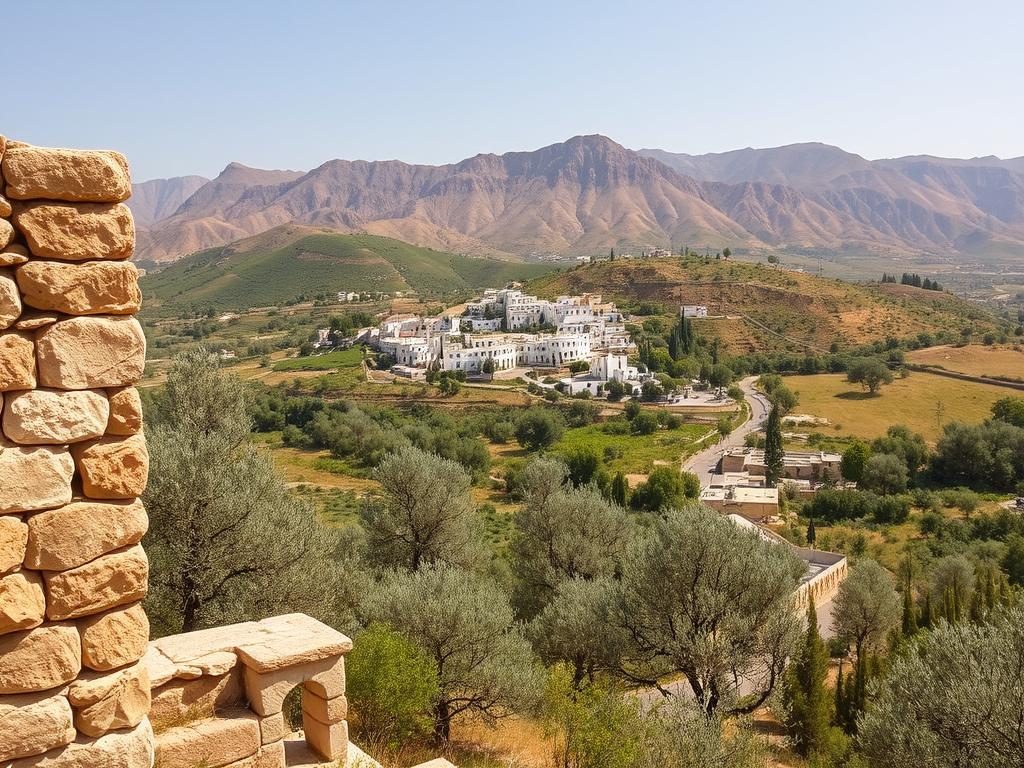 Prompt A scenic vista of the Ajloun region, showcasing its rich cultural heritage. In the foreground, a well-preserved ancient stone structure, its weathered facade exuding a sense of timeless grandeur. Surrounding it, a lush, verdant landscape dotted with olive trees, their silvery leaves gently swaying in the breeze. In the middle ground, a traditional Jordanian village nestled among rolling hills, its whitewashed buildings and narrow winding streets evoking a bygone era. The background is dominated by the majestic silhouette of the Ajloun mountains, their rugged peaks bathed in warm, golden light, creating a captivating contrast with the cooler tones of the foreground. The overall scene conveys a harmonious blend of natural and cultural elements, inviting the viewer to explore the rich history and vibrant present of this enchanting region. Prompt A scenic vista of the Ajloun region, showcasing its rich cultural heritage. In the foreground, a well-preserved ancient stone structure, its weathered facade exuding a sense of timeless grandeur. Surrounding it, a lush, verdant landscape dotted with olive trees, their silvery leaves gently swaying in the breeze. In the middle ground, a traditional Jordanian village nestled among rolling hills, its whitewashed buildings and narrow winding streets evoking a bygone era. The background is dominated by the majestic silhouette of the Ajloun mountains, their rugged peaks bathed in warm, golden light, creating a captivating contrast with the cooler tones of the foreground. The overall scene conveys a harmonious blend of natural and cultural elements, inviting the viewer to explore the rich history and vibrant present of this enchanting region.