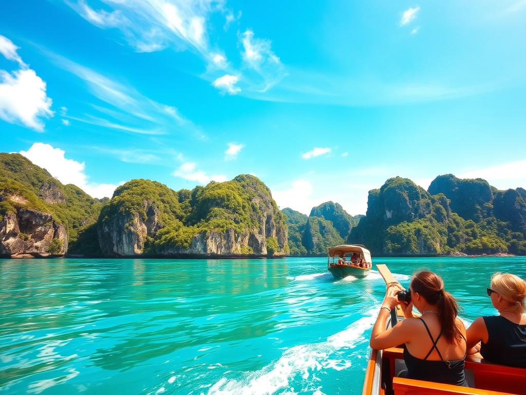 Scenic boat trip to the idyllic Phi Phi Islands, Thailand. Vibrant turquoise waters lapping against rocky cliffs, with lush tropical foliage cascading down the hillsides. A traditional longtail boat glides smoothly across the calm surface, its wooden hull cutting through the reflections of the surrounding limestone formations. Warm sunlight filters through wispy clouds, casting a golden glow over the serene island paradise. Passengers lean back, cameras at the ready to capture the breathtaking vistas unfolding before them. An atmospheric journey transporting travelers to a world of natural splendor.