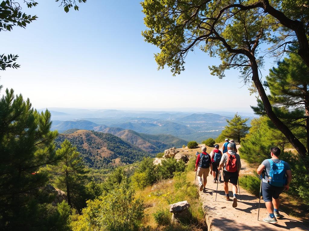 Scenic hiking trails wind through lush, verdant forests in the Ajloun Nature Reserve. Sunlight filters through the canopy, casting a warm glow on the rugged, rocky terrain below. In the foreground, a group of hikers traverse a well-marked path, their backpacks and trekking poles suggesting a longer, more demanding excursion. The middle ground reveals panoramic vistas of rolling hills and distant mountains, hinting at the breathtaking landscapes to be discovered on these extended day hikes. The background is framed by a clear, azure sky, creating a sense of tranquility and adventure. The overall scene evokes a spirit of exploration and a deep connection with the natural world. Scenic hiking trails wind through lush, verdant forests in the Ajloun Nature Reserve. Sunlight filters through the canopy, casting a warm glow on the rugged, rocky terrain below. In the foreground, a group of hikers traverse a well-marked path, their backpacks and trekking poles suggesting a longer, more demanding excursion. The middle ground reveals panoramic vistas of rolling hills and distant mountains, hinting at the breathtaking landscapes to be discovered on these extended day hikes. The background is framed by a clear, azure sky, creating a sense of tranquility and adventure. The overall scene evokes a spirit of exploration and a deep connection with the natural world.