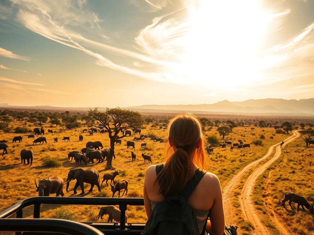 Scenic safari experience in Kruger National Park, South Africa. A breathtaking landscape of vast savannas, towering acacia trees, and wandering herds of elephants, zebras, and antelopes. Warm, golden sunlight filters through wispy clouds, casting a serene, timeless atmosphere. In the foreground, a lone female traveler observes the wildlife from a sturdy safari vehicle, awestruck by the raw power and natural beauty surrounding her. The middle ground features a winding dirt road cutting through the lush, verdant terrain, while the distant horizon is dotted with majestic, rugged mountains. Capture the essence of an immersive, unforgettable safari experience in the heart of one of Africa's most iconic national parks.