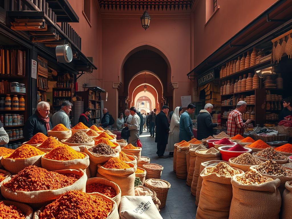 Souk Attarine, a vibrant spice market in the heart of Marrakech, bustling with an array of aromatic wonders. In the foreground, colorful burlap sacks overflow with exotic spices - saffron, cinnamon, cumin, and more. Vendors in traditional Moroccan attire haggle and interact with customers, creating a lively atmosphere. The middle ground features tall, arched doorways leading deeper into the labyrinth of stalls, casting dramatic shadows. In the background, the scene is framed by the ornate, terracotta-tiled architecture, evoking the rich cultural heritage of the ancient city. Natural sunlight filters through, illuminating the scene with a warm, golden glow and highlighting the vibrant textures and hues. Capture the essence of this timeless Moroccan marketplace, a feast for the senses.