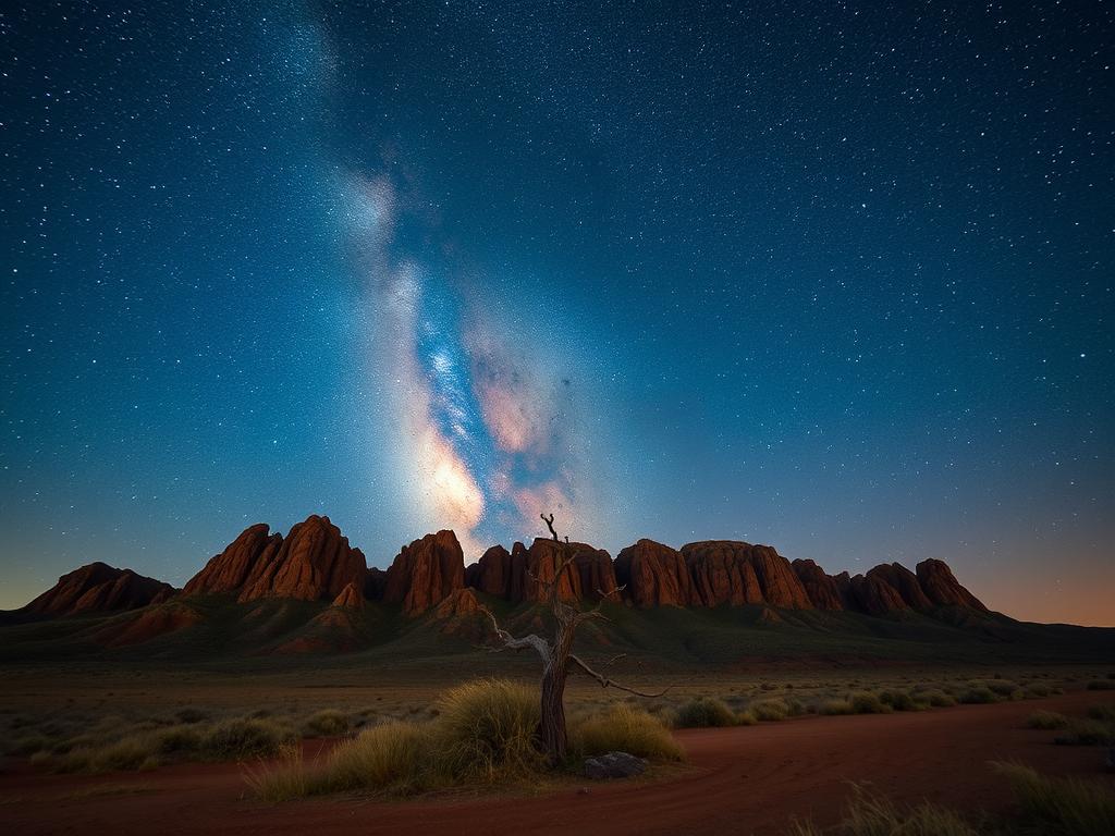 Sternenhimmel Spitzkoppe: A breathtaking night sky over the iconic granite peaks of the Spitzkoppe in Namibia. In the foreground, the rugged, ancient rock formations stand in sharp relief, their weathered surfaces casting dramatic shadows under a brilliant starry sky. The Milky Way arches overhead, its luminous swirls and nebulae painting the night canvas with otherworldly beauty. In the middle ground, a lone acacia tree stretches its gnarled branches, silhouetted against the celestial display. The scene is bathed in a soft, ethereal glow, creating an atmosphere of tranquility and wonder. This serene, awe-inspiring landscape reflects the beauty of Namibia's natural wonders during the golden hours of sunrise and sunset.