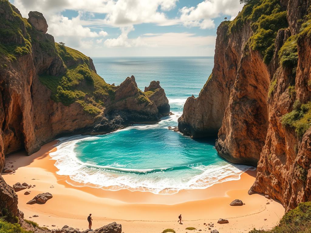 Stunning coastal landscape with a breathtaking beach. Rugged cliffs and rocky outcroppings frame the scene, creating a dramatic and awe-inspiring backdrop. Pristine, golden sand leads down to the crashing waves of a turquoise ocean. Lush, verdant vegetation clings to the cliffsides, adding pops of vibrant green. Warm, diffused sunlight filters through wispy clouds, casting a warm, golden glow over the entire scene. Solitary hikers and beachgoers dot the landscape, creating a sense of scale and tranquility. Capture the essence of a captivating natural wonder, ripe for exploration and discovery.