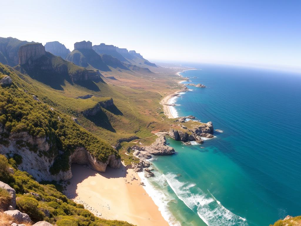 Stunning panoramic view of the iconic Cape of Good Hope in South Africa. Rugged coastline with dramatic cliffs and rocky outcrops jut out into the vast, azure Indian Ocean. Lush, rolling green hills and dense fynbos vegetation cover the landscape, teeming with diverse flora and fauna. A picturesque sandy beach frames the scene, with gentle waves lapping at the shore. Clear, bright sunlight illuminates the scene, casting warm shadows and highlights. Capture the majestic, untamed natural beauty of this iconic South African landmark through a wide-angle lens, conveying a sense of awe and tranquility.