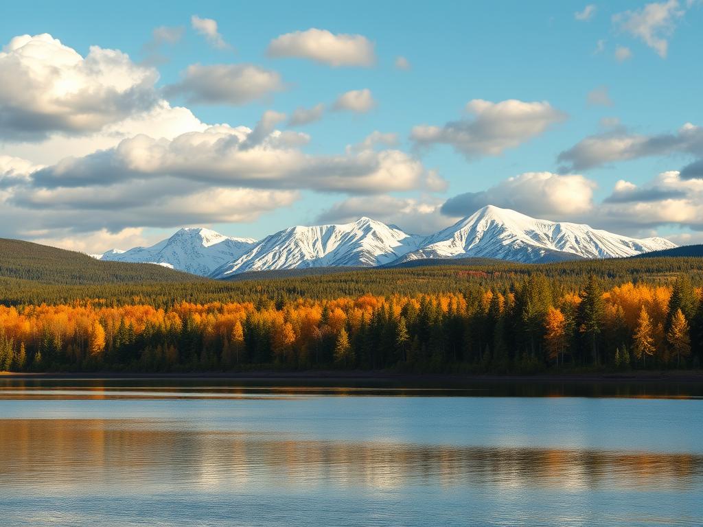 Sweeping panoramic landscape of the diverse and picturesque geographies of Finland. Majestic snow-capped mountains rise in the distant background, their peaks piercing the fluffy white clouds. In the foreground, a serene lake reflects the surrounding boreal forests, dotted with vibrant autumn foliage. Lush evergreen trees line the shore, casting soft shadows on the still waters. The scene is bathed in the warm, golden glow of the afternoon sun, creating a tranquil and awe-inspiring atmosphere. Captured with a wide-angle lens to emphasize the grand scale and scale of this breathtaking Finnish terrain.