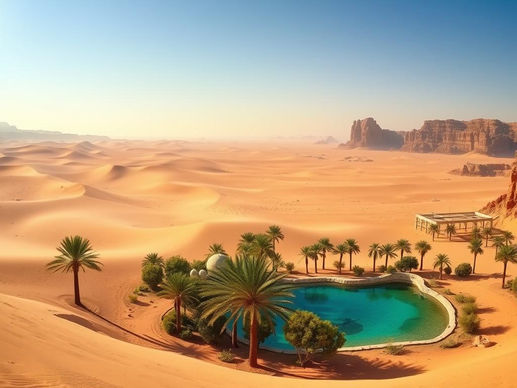 Vast, sun-drenched expanse of the Saudi Arabian desert, with towering dunes and shimmering mirage effects. In the middle ground, a lush, verdant oasis with swaying palm trees and a tranquil pool of crystal-clear water, reflecting the azure sky above. In the distance, rugged, wind-sculpted rock formations rise up, creating a dramatic, otherworldly landscape. Warm, golden light filters through the scene, casting long shadows and imbuing the environment with a sense of timeless, arid beauty. Capture the essence of adventure and natural wonder in this captivating desert panorama.