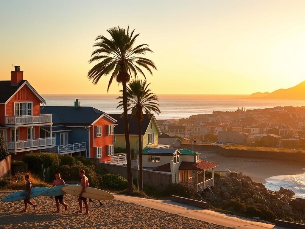 Vibrant, colorful beach houses nestled along the picturesque coastline of Muizenberg, South Africa. A warm, golden sunset casts a soft glow over the scene, illuminating the unique architectural details and vibrant hues of the homes. In the foreground, a group of surfers casually make their way to the water's edge, their boards under their arms. In the middle ground, palm trees sway gently in the ocean breeze, framing the charming houses. The distant horizon is dotted with more of these charming beach homes, creating a quaint, seaside village atmosphere. The overall mood is one of relaxation, idyllic coastal living, and the vibrant energy of the local surf culture.