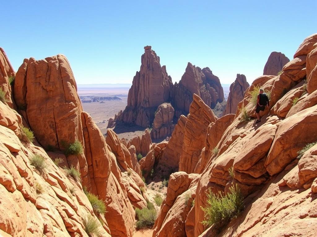 Wanderungen Spitzkoppe Felsen: An epic landscape of towering granite monoliths, sculpted by the elements over millennia. Hike along rugged trails, scaling weathered rock faces that offer breathtaking vistas of the Namibian wilderness. Warm desert light filters through the jagged peaks, casting dramatic shadows across the ochre-colored formations. Adventurous climbers navigate challenging routes, their silhouettes framed against the vast, azure sky. Lush vegetation clings to the crevices, adding pops of verdant green to the earthy, textured scene. Capture the thrill of exploration and the wonder of nature's grand, timeless design.