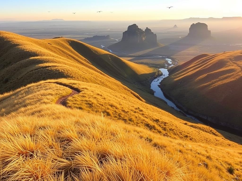 Wanderwege im Golden Gate Highlands Nationalpark, Südafrika. Sanfte Hügel mit goldener Grasnarbe, durchzogen von gewundenen Pfaden, die sich durch die malerische Landschaft schlängeln. In der Ferne ragen schroffe Felsformationen empor, ihre Silhouetten in warmem Licht getaucht. Ruhige Bäche und Flüsse reflektieren den Himmel, Vögel fliegen über das friedliche Panorama. Entdecken Sie diese idyllische Umgebung, die zum Wandern und Verweilen einlädt, umgeben von der unberührten Schönheit des Golden Gate Highlands Nationalparks. Wanderwege im Golden Gate Highlands Nationalpark, Südafrika. Sanfte Hügel mit goldener Grasnarbe, durchzogen von gewundenen Pfaden, die sich durch die malerische Landschaft schlängeln. In der Ferne ragen schroffe Felsformationen empor, ihre Silhouetten in warmem Licht getaucht. Ruhige Bäche und Flüsse reflektieren den Himmel, Vögel fliegen über das friedliche Panorama. Entdecken Sie diese idyllische Umgebung, die zum Wandern und Verweilen einlädt, umgeben von der unberührten Schönheit des Golden Gate Highlands Nationalparks.