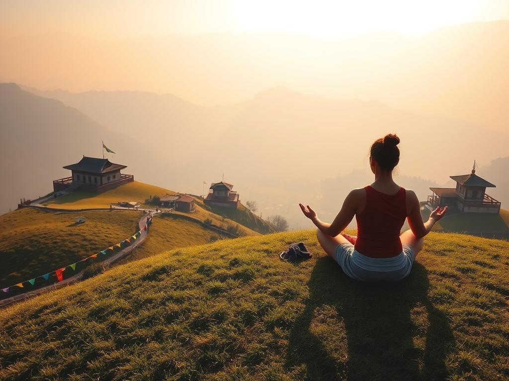 Yoga Meditation Ayurveda Nepal - A serene landscape in the Himalayas, with a yogi in a lotus position on a grass-covered hilltop overlooking a peaceful valley. Soft, warm lighting filters through the haze, casting a golden glow on the scene. In the background, traditional Nepali architecture and prayer flags dot the landscape, hinting at the rich cultural heritage. The atmosphere is one of tranquility and mindfulness, inviting the viewer to join in the contemplative practice. A wide-angle lens captures the expansive, natural setting, emphasizing the connection between the spiritual and the physical realms. Yoga Meditation Ayurveda Nepal - A serene landscape in the Himalayas, with a yogi in a lotus position on a grass-covered hilltop overlooking a peaceful valley. Soft, warm lighting filters through the haze, casting a golden glow on the scene. In the background, traditional Nepali architecture and prayer flags dot the landscape, hinting at the rich cultural heritage. The atmosphere is one of tranquility and mindfulness, inviting the viewer to join in the contemplative practice. A wide-angle lens captures the expansive, natural setting, emphasizing the connection between the spiritual and the physical realms.
