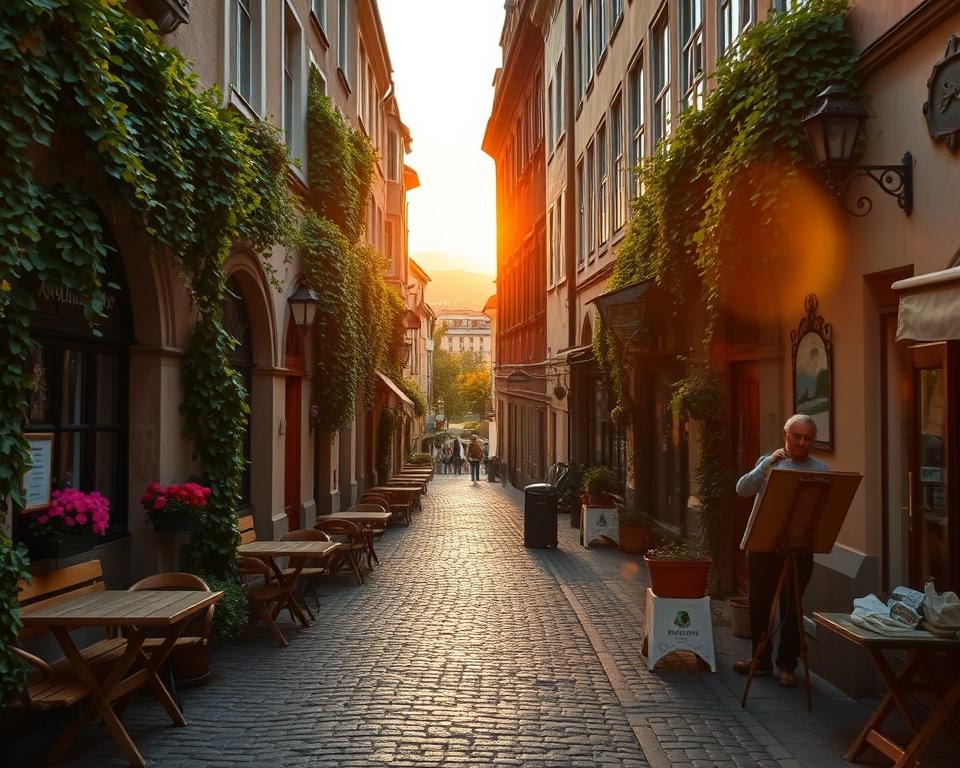 A hidden gem in Dresden, showcasing a secluded cobblestone alley adorned with charming historic buildings draped in vibrant ivy. In the foreground, a quaint café with rustic wooden tables and colorful flower pots, inviting visitors to relax. The middle ground features an artist quietly painting the serene street scene, capturing the essence of this off-the-beaten-path location. In the background, the soft silhouette of the Dresden skyline under a warm, golden sunset, casting a gentle glow over the scene. The mood is tranquil and enchanting, evoking a sense of discovery in a lesser-known part of the city. The lighting is soft and warm, with a slight lens flare to enhance the serene atmosphere.