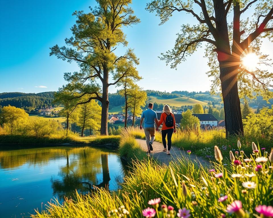 A picturesque scene illustrating "Excursions into the Dresden Surroundings". In the foreground, a serene lake reflects the clear blue sky, surrounded by lush greenery and wildflowers. In the middle ground, a couple is walking along a scenic hiking trail dressed in modest casual clothing, admiring the vibrant landscape. Towering trees frame the trail, creating a cozy atmosphere. The background showcases rolling hills and quaint villages, with charming, historic buildings peeking through the lush foliage. Soft, golden sunlight filters through the trees, casting gentle shadows and creating a tranquil, inviting mood. The composition emphasizes the harmony between nature and culture, capturing the essence of idyllic day trips from Dresden. Use a subtle depth of field to keep the focus on the couple and the natural beauty surrounding them.