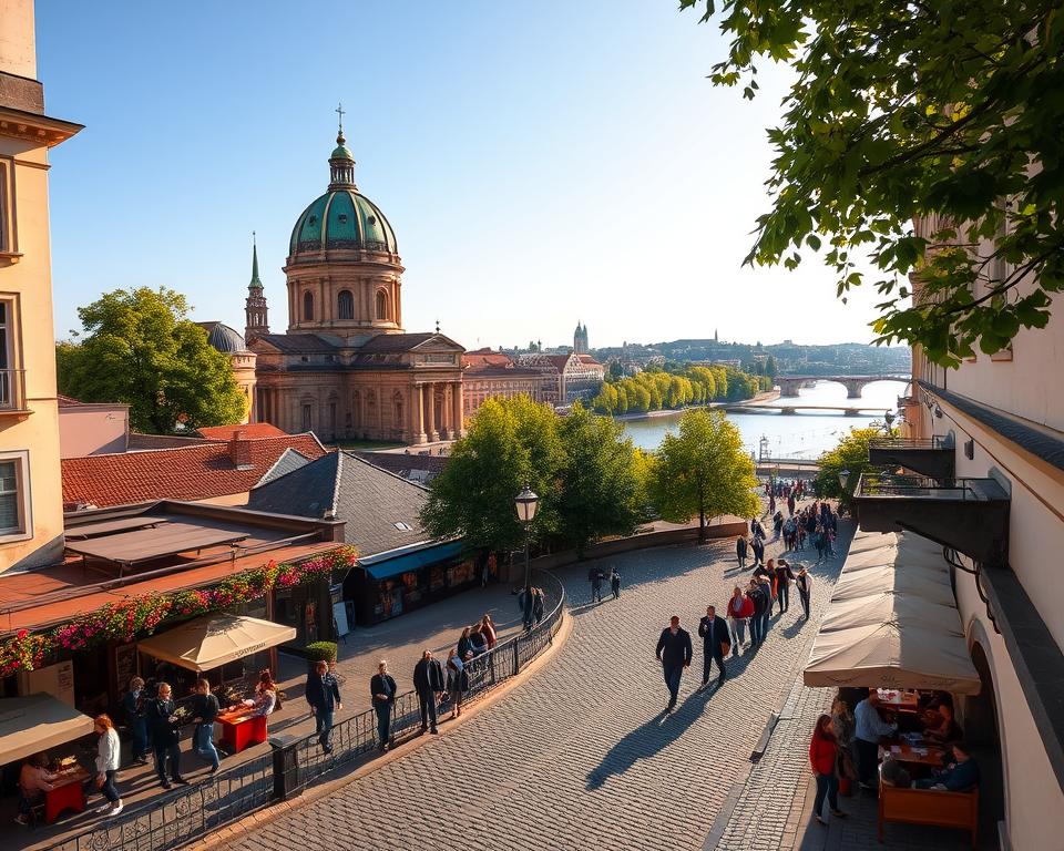 A picturesque view of Dresden's historic center, featuring the iconic Frauenkirche in the foreground, detailed with its stunning baroque architecture, a warm golden light of the afternoon sun illuminating its dome. In the middle ground, the cobblestone streets are bustling with modestly dressed tourists exploring charming cafes and boutiques, showcasing the vibrant life of the city. The background showcases the Elbe River with tranquil waters reflecting the skyline, framed by lush green trees under a clear blue sky. The image captures a serene yet lively atmosphere, inviting viewers to experience the city’s blend of history and modernity, shot with a wide-angle lens to enhance depth. Aim for soft, natural lighting to convey an inviting mood.