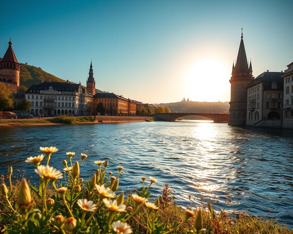 A picturesque view of the Elbe River flowing through Dresden, showcasing its scenic landscape. In the foreground, delicate wildflowers grow along the riverbank, with gentle ripples in the clear water reflecting the vibrant blue sky. In the middle ground, traditional, charming architecture of Dresden's historic buildings, adorned with intricate details, lines the river, bathed in warm, golden sunlight of a late afternoon. A couple in modest casual clothing strolls hand in hand along the river path, adding a sense of life and warmth to the scene. In the background, soft hills rise gently, covered in lush greenery, with a distant view of the iconic Dresden skyline. The atmosphere is tranquil and inviting, evoking a sense of peace and beauty in this enchanting riverside environment. The lighting is soft and warm, enhancing the colors and providing a serene ambiance.