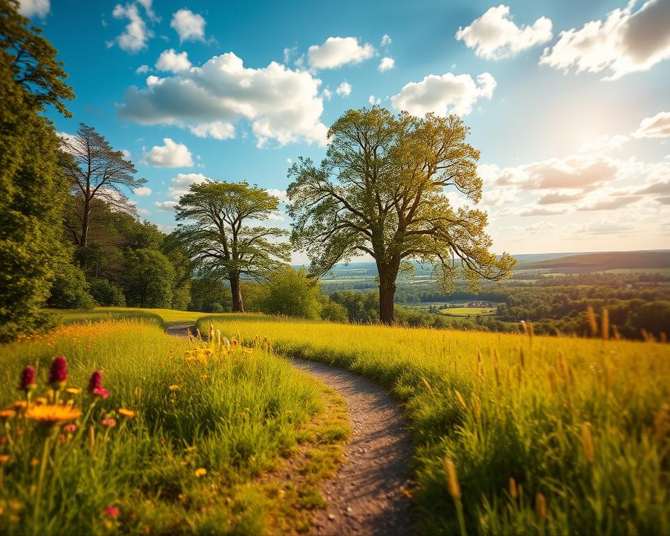 A serene landscape depicting the tranquil beauty of Dresdner Heide, with lush green forests and sprawling meadows. In the foreground, a sun-dappled path winds through vibrant flora, showcasing blooming wildflowers and tall grasses. In the middle ground, sturdy oak and birch trees stand majestically, their leaves gently rustling in the breeze. In the background, a soft-focus view of rolling hills and distant woodlands under a bright blue sky filled with fluffy white clouds. The image captures the golden glow of the late afternoon sun, creating a warm and inviting atmosphere. The scene evokes a sense of calm and natural serenity, perfect for showcasing Dresden's rich natural spaces and park experiences.