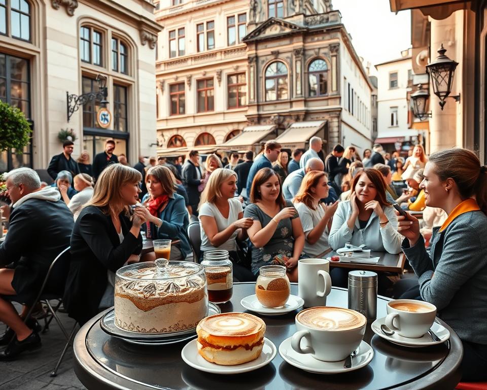 A vibrant Dresden café scene, showcasing a charming outdoor terrace filled with patrons enjoying coffee and pastries. In the foreground, a beautifully arranged table displays delicate cakes and steaming cups of coffee, with intricate latte art. The middle ground features diverse people in modest casual clothing, engaging in lively conversation and laughter, embodying the city’s warm café culture. In the background, historic architecture with baroque details frames the scene, under a gentle afternoon sunlight that casts soft, warm shadows. The atmosphere is inviting and relaxed, evoking a sense of culinary discovery and social warmth in Dresden. Use a wide-angle perspective to capture the bustling vibe and enchanting cityscape.