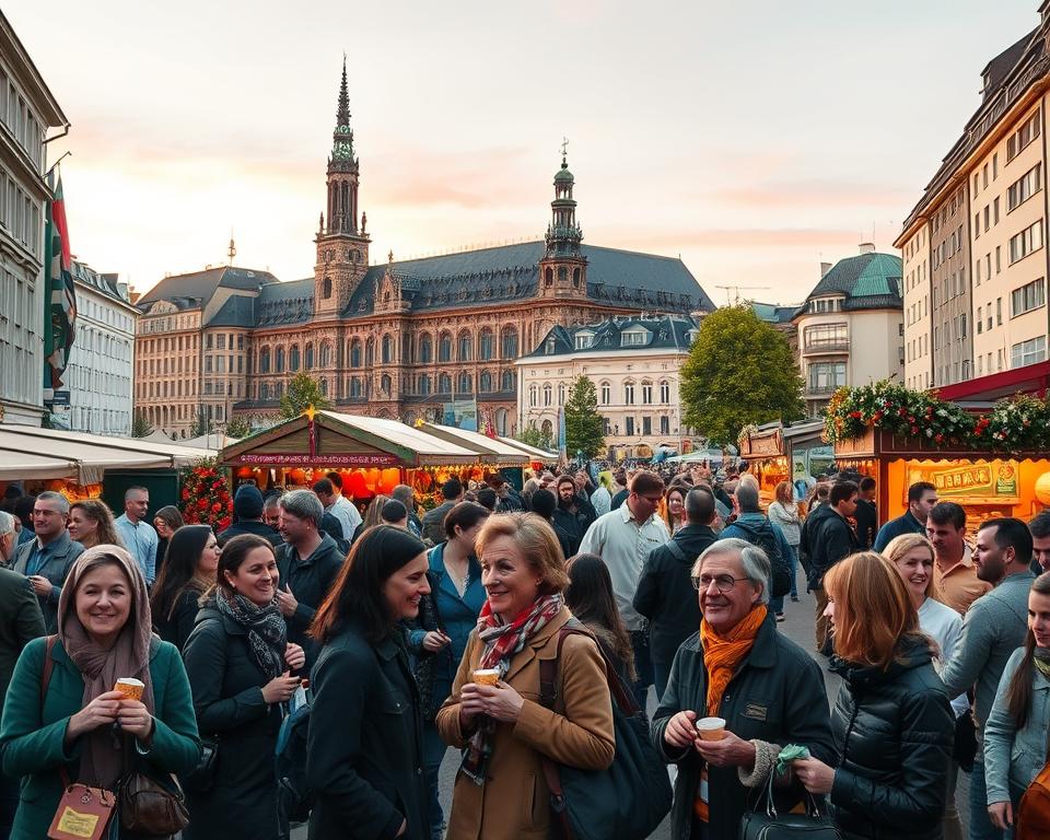 A vibrant festival scene in Dresden, showcasing a lively street filled with people enjoying a local event. In the foreground, a diverse group of individuals in modest casual clothing are engaged in conversation, smiling and exchanging food samples. The middle ground features colorful stalls adorned with festive decorations, offering local crafts and culinary delights. In the background, iconic Dresden architecture, such as the Frauenkirche and the Elbe River, bathe in warm, golden hour sunlight, enhancing the festive atmosphere. The sky is painted with soft hues of pink and orange, indicating sunset. Capture this moment with a wide-angle lens to encompass the bustling activity and vibrant colors, while maintaining a warm and inviting mood. No text or logos present.