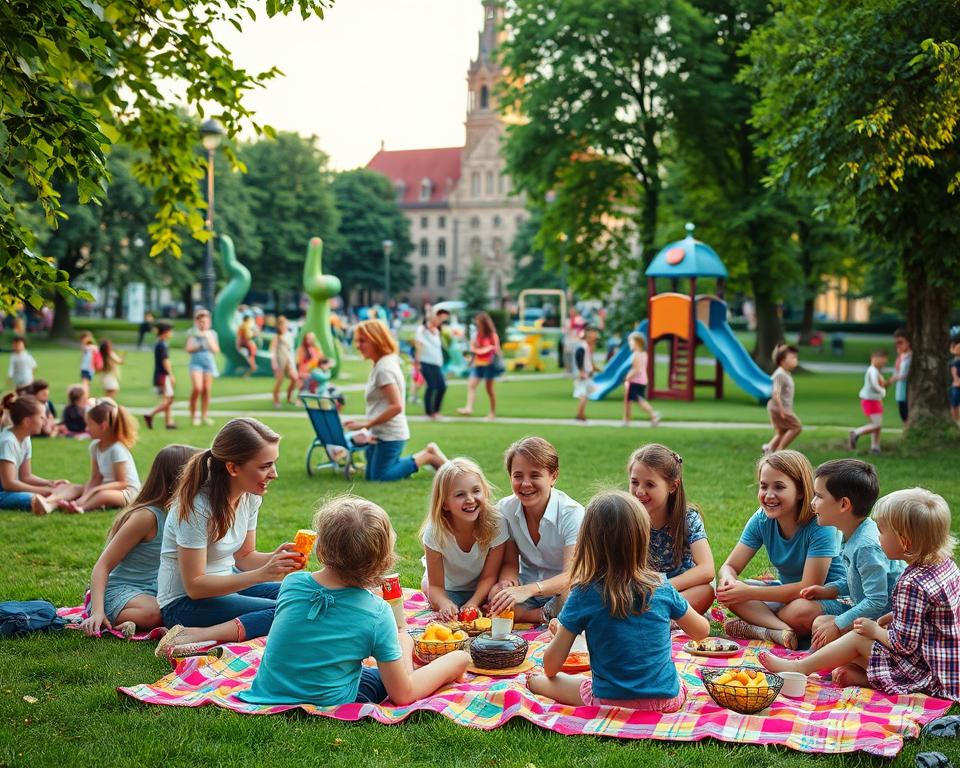 A vibrant scene depicting family-friendly attractions in Dresden, showcasing a park filled with children playing and laughing, surrounded by lush greenery. In the foreground, a diverse group of families enjoys a picnic on the grass, with a colorful picnic blanket, and a variety of snacks spread out. In the middle ground, there are playful sculptures and a small playground with children climbing and sliding. The background features iconic Dresden architecture, such as the Frauenkirche, subtly illuminated by the warm glow of the late afternoon sun. The mood is joyful and inviting, filled with laughter and activity, captured from a slightly elevated angle to provide a sweeping view of the scene. The lighting is soft and natural, enhancing the cheerful atmosphere.