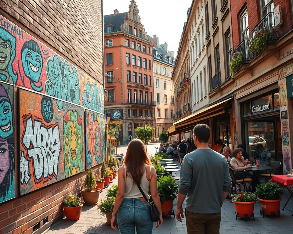 A vibrant street scene in Dresdner Neustadt, showcasing an array of colorful street art murals on brick walls, filled with intricate designs of abstract shapes and urban motifs. In the foreground, a couple dressed in modest casual clothing admires the art, embodying the district's lively atmosphere. The middle ground features a bustling café terrace with people enjoying their drinks, surrounded by lush greenery and vibrant flower pots. In the background, historic buildings provide an eclectic architectural contrast, bathed in warm afternoon sunlight that casts soft shadows. The overall mood is cheerful and energetic, inviting viewers to experience the creative spirit of this unique neighborhood. Shot with a wide-angle lens to capture the dynamic street life.