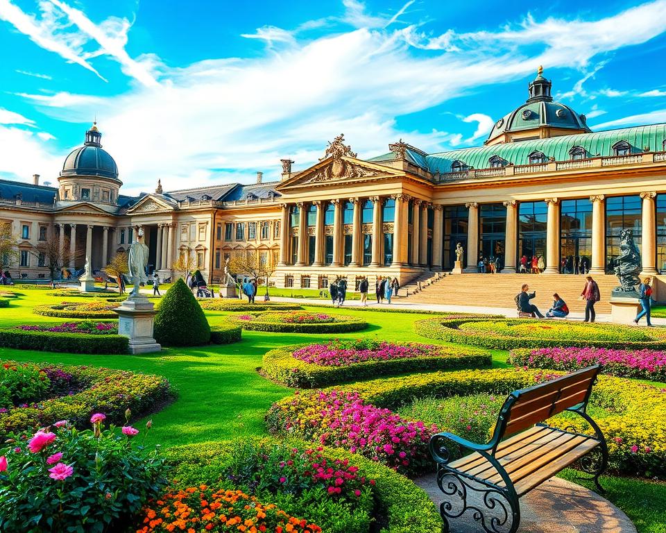 Dresdner Museen in a stunning, picturesque setting, showcasing the grandeur of the Kunsthof Dresden and Grünes Gewölbe. In the foreground, elegantly manicured gardens with colorful seasonal flowers, inviting benches, and classical sculptures. The middle of the scene features the architectural marvels of the museums adorned with ornate details, large windows reflecting sunlight, and visitors admiring the exhibits, dressed in smart casual attire. The background captures a bright blue sky with wisps of clouds, enhancing the vibrant atmosphere. Use soft lighting to create a warm ambiance, employing a wide-angle lens to encompass the entire scene. The mood is one of exploration and appreciation of art and culture, inviting viewers into the rich heritage of Dresden's museums and galleries.