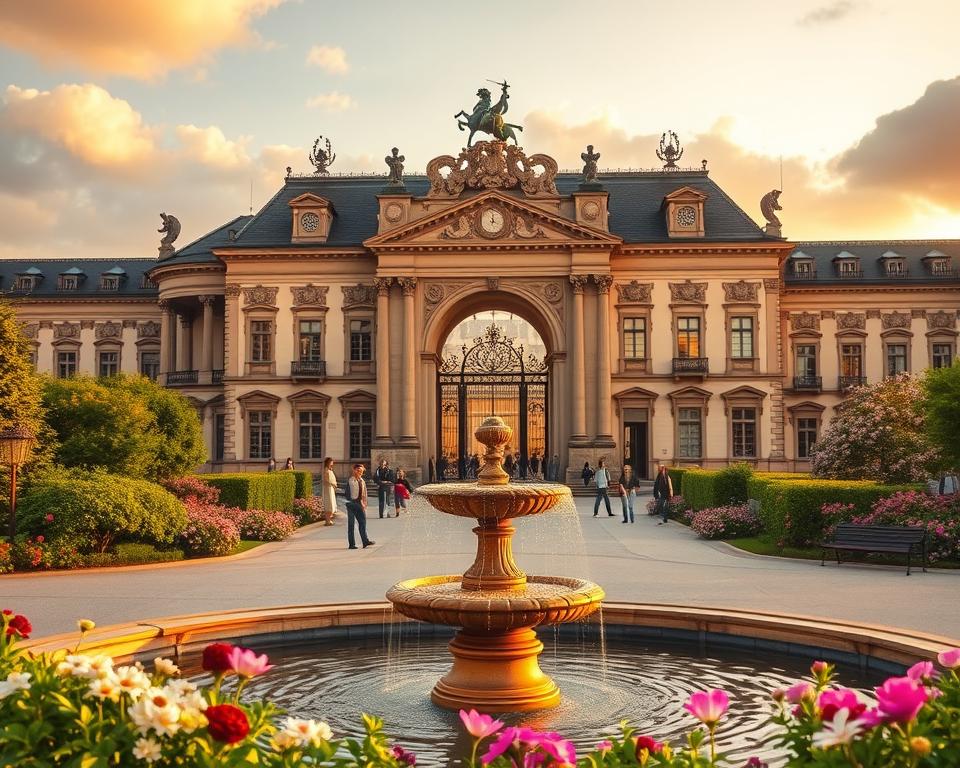 Dresdner Zwinger during golden hour, showcasing its stunning Baroque architecture with intricate sculptures and a beautiful courtyard filled with blooming flowers. In the foreground, a serene fountain surrounded by lush greenery adds a touch of tranquility. The middle ground features the grand entrance of the Zwinger, highlighting its ornate gates and majestic statues, with visitors leisurely exploring the area, dressed in modest clothing. In the background, soft clouds drift across a pastel sky, enhancing the historical charm of the Altstadt. The scene conveys a warm, inviting atmosphere, emphasizing the beauty of this iconic landmark, captured with a wide-angle lens to encompass its grandeur, bathed in soft, natural light.