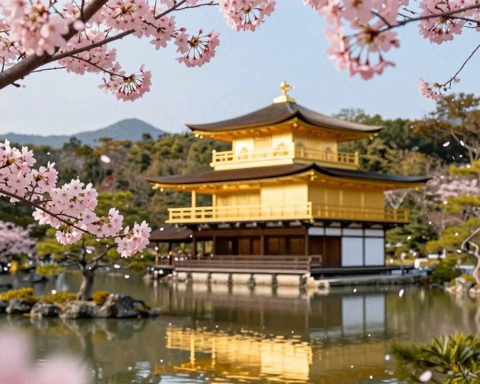 Goldener Pavillon mit Kirschblüte