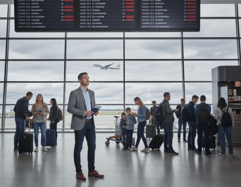 A German traveler stands at a bustling airport terminal, holding a travel document and looking towards a digital flight information board displaying canceled or delayed flights to Russia. In the foreground, capture the traveler in smart casual attire, looking slightly contemplative. The middle ground features other travelers moving about, some looking at their phones, others chatting, creating a dynamic atmosphere of anticipation and uncertainty. The background shows a large glass window with an airplane taking off in the distance against a cloudy sky, symbolizing the challenges of direct travel from Germany to Russia. Use soft, natural lighting that highlights the expressions of the travelers while conveying a mood of exploration mixed with caution. The angle should be slightly elevated, providing a broad view of the terminal's activity.