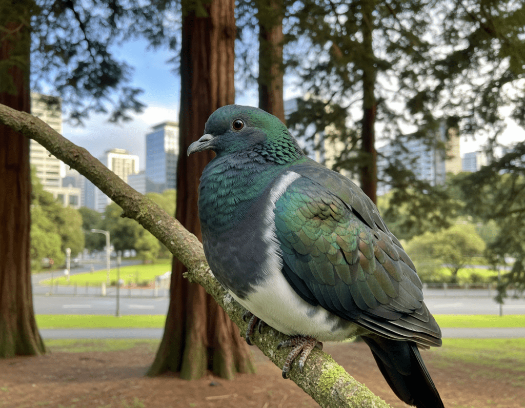 A Kererū, the New Zealand pigeon, perched gracefully amidst lush greenery, showcasing its vibrant green and white plumage. In the foreground, highlight the bird with detailed feathers glistening under soft morning light. Capture the bird's large, round body and striking iridescent colors, emphasizing its unique features. In the middle ground, include a mix of native New Zealand trees like Kauri and Rimu, merging forest and urban elements, such as distant buildings or pathways hinting at a city environment. The background should feature a serene blue sky with gentle clouds, creating a tranquil atmosphere. Use a shallow depth of field to focus on the Kererū while softly blurring the surroundings, evoking harmony between nature and urban life.