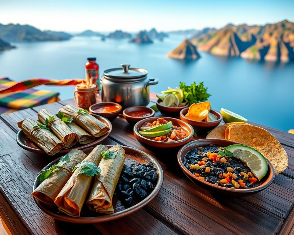 A beautiful arrangement of traditional Guatemalan dishes set on a rustic wooden table overlooking Lago Atitlán. In the foreground, a colorful plate of tamales wrapped in banana leaves, garnished with fresh cilantro, and a vibrant dish of black beans, corn tortillas, and avocado slices. The middle ground features a steaming pot of pepián, a rich, spicy stew, accompanied by bowls of fresh salsa and lime wedges. In the background, the stunning lake with its deep blue waters and lush green volcanoes creates a breathtaking backdrop, bathed in warm golden sunlight. The composition captures a warm, inviting atmosphere, reflecting the rich culinary heritage of the region with vivid colors and textures. Use a soft focus and a slightly elevated angle to highlight the food details and the stunning landscape.