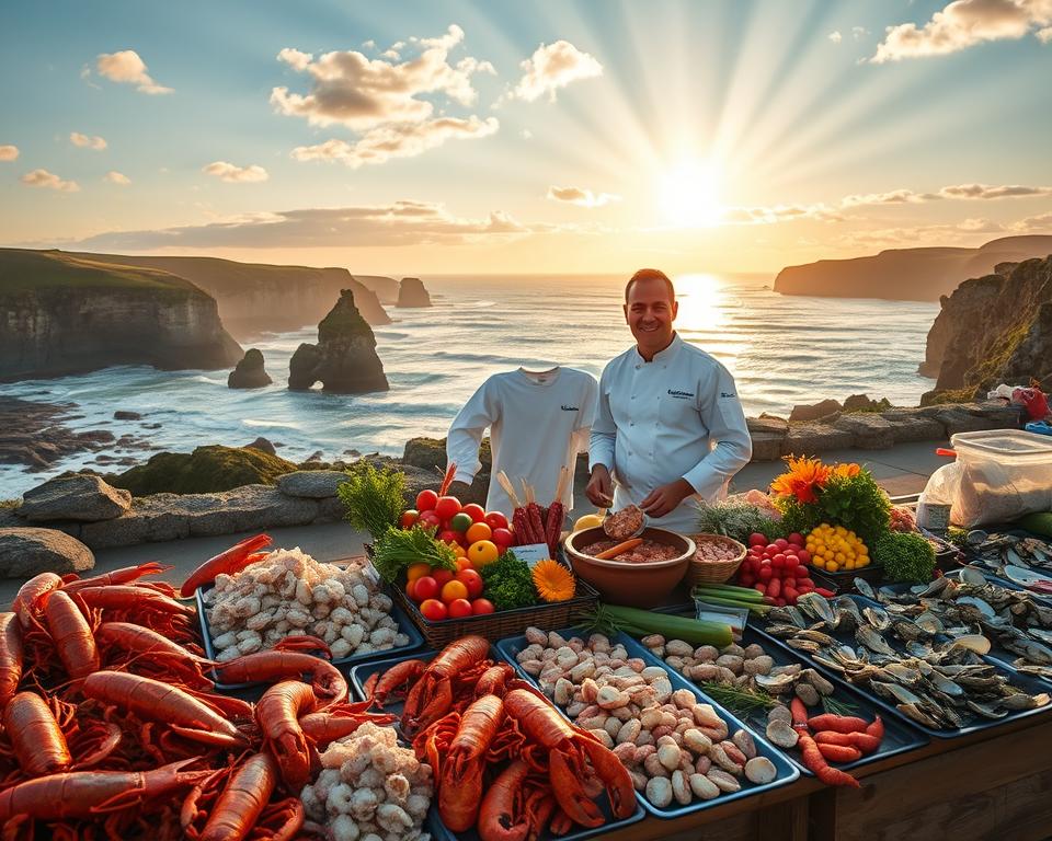 A beautiful coastal scene at the Bay of Fundy, showcasing a picturesque seafood market in the foreground with fresh catches of lobster, scallops, and oysters displayed on wooden stalls. In the middle ground, a cheerful chef wearing a professional white jacket prepares a delicious seafood dish, surrounded by colorful vegetables and local herbs. The background features stunning cliffs and the iconic tides of the Bay, under a soft golden sunset with rays of light streaming through scattered clouds. The atmosphere is vibrant and lively, capturing the rich culinary culture of this region. Use warm, inviting lighting to create an appealing ambiance, with a focus on textures and colors that reflect the freshness of the ingredients. Aim for a slightly elevated angle to include both the market and the breathtaking landscape. A beautiful coastal scene at the Bay of Fundy, showcasing a picturesque seafood market in the foreground with fresh catches of lobster, scallops, and oysters displayed on wooden stalls. In the middle ground, a cheerful chef wearing a professional white jacket prepares a delicious seafood dish, surrounded by colorful vegetables and local herbs. The background features stunning cliffs and the iconic tides of the Bay, under a soft golden sunset with rays of light streaming through scattered clouds. The atmosphere is vibrant and lively, capturing the rich culinary culture of this region. Use warm, inviting lighting to create an appealing ambiance, with a focus on textures and colors that reflect the freshness of the ingredients. Aim for a slightly elevated angle to include both the market and the breathtaking landscape.