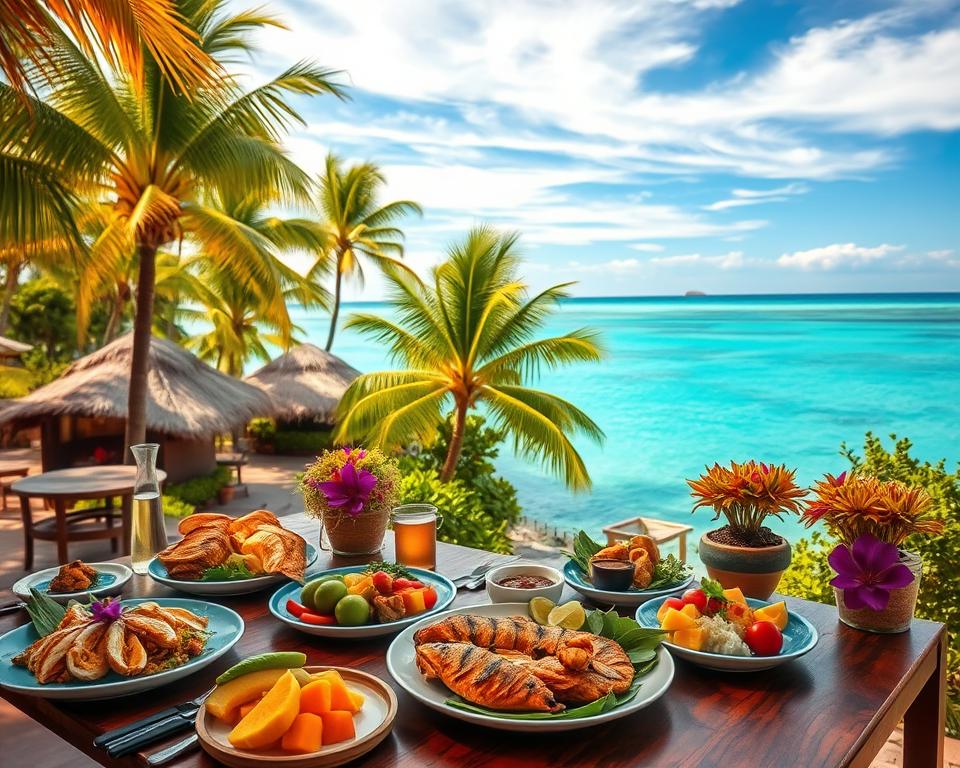 A beautiful, idyllic scene of Essen Südsee Inseln showcasing the vibrant culinary culture of Oceania. In the foreground, a colorful wooden table laden with traditional dishes, featuring fresh seafood like grilled fish, tropical fruits, and local delicacies in elegant presentation. In the middle ground, lush green palm trees sway gently in a warm breeze, alongside thatched-roof huts and vibrant flowers. In the background, serene turquoise waters reflect the clear blue sky with wispy clouds, creating a sense of tranquility and paradise. The lighting is soft and golden, suggesting a warm sunset, with a slight lens flare for a dreamy atmosphere. The mood is inviting and peaceful, capturing the essence of dining in a tropical paradise.