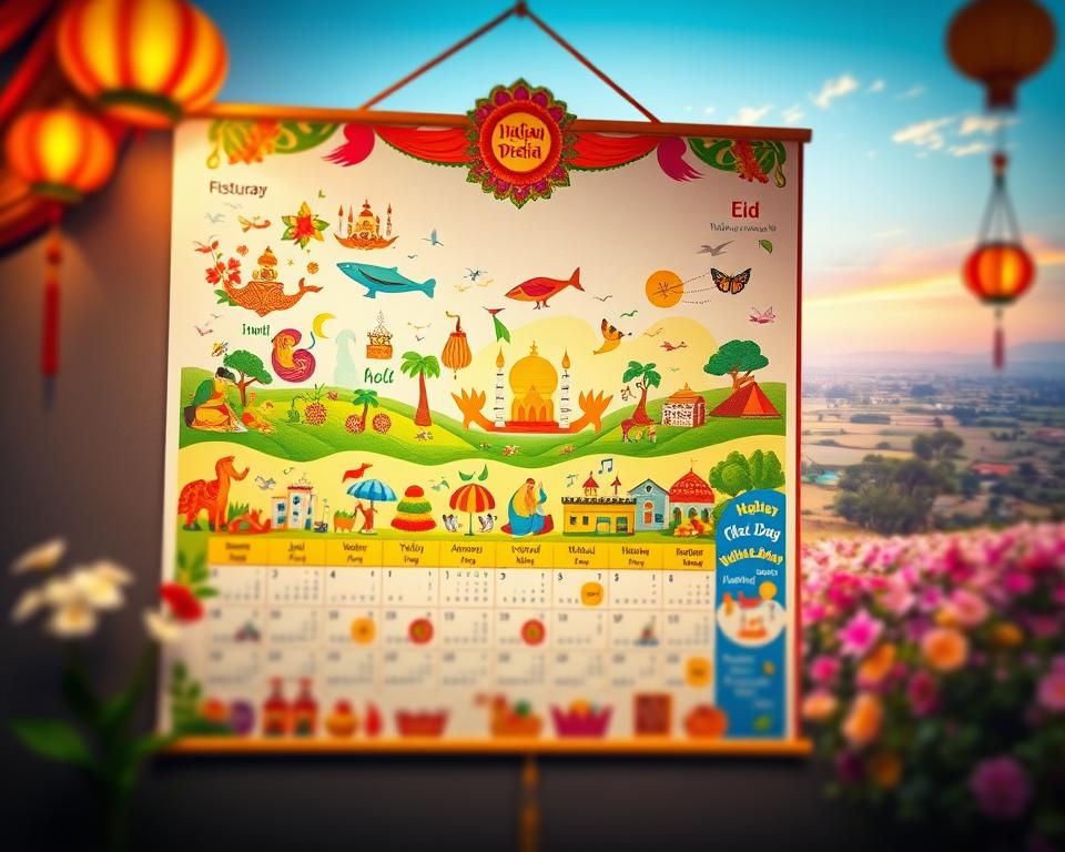 A beautiful representation of an Indian festival calendar, showcasing various vibrant festivals throughout the year. In the foreground, depict a traditional Indian wall calendar adorned with colorful illustrations of key festivals like Diwali, Holi, Eid, and Pongal. In the middle, seasonal changes are represented through floral motifs, ripe harvests, and festive elements like lanterns and rangoli. In the background, a picturesque landscape shows the changing seasons, from blooming spring flowers to a warm summer sky, a rainy monsoon scene, and a serene winter. The lighting is warm and inviting, reflecting the joyful atmosphere of celebration. Capture the mood of festivity and cultural richness, using a soft focus lens to create an ethereal, enchanting effect, invoking a sense of wonder and unity inherent in the Indian festival spirit.
