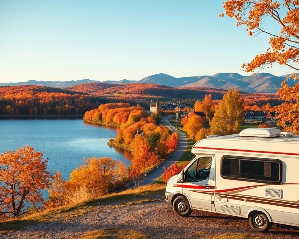 A beautiful scene of Eastern Canada featuring the stunning landscapes of Ontario and Québec. In the foreground, a cozy camper van parked along a scenic lakeside, surrounded by vibrant autumn foliage in shades of orange, red, and gold. A peaceful lake reflects the clear blue sky, capturing the essence of nature. In the middle ground, a trail leading to a charming small town with historic architecture and cozy cafés, showcasing the cultural richness of the region. The background includes majestic rolling hills and a distant view of the iconic Niagara Falls, bathed in soft, warm lighting of late afternoon. The overall mood is tranquil and inviting, perfect for exploration and adventure. Use a wide-angle lens to capture the expansive landscape. A beautiful scene of Eastern Canada featuring the stunning landscapes of Ontario and Québec. In the foreground, a cozy camper van parked along a scenic lakeside, surrounded by vibrant autumn foliage in shades of orange, red, and gold. A peaceful lake reflects the clear blue sky, capturing the essence of nature. In the middle ground, a trail leading to a charming small town with historic architecture and cozy cafés, showcasing the cultural richness of the region. The background includes majestic rolling hills and a distant view of the iconic Niagara Falls, bathed in soft, warm lighting of late afternoon. The overall mood is tranquil and inviting, perfect for exploration and adventure. Use a wide-angle lens to capture the expansive landscape.