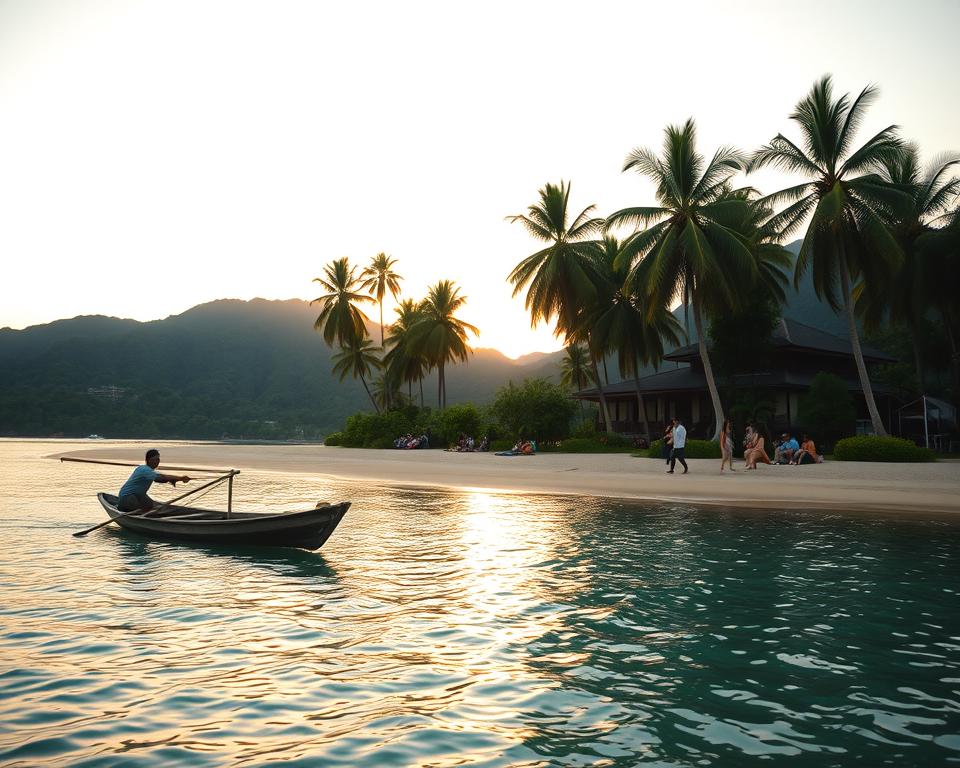A beautiful sunrise over Lovina beach in Indonesia, capturing the serene atmosphere of a tropical getaway. In the foreground, a small wooden boat gently floats on the calm, crystal-clear waters, with a local fisherman casting his net, dressed in modest casual attire. The middle ground showcases a stunning stretch of sandy beach lined with palm trees swaying in the light breeze, while a group of tourists relaxes and enjoys the scenery. In the background, lush green hills rise against a pastel sky, reflecting the warm golden hues of dawn. Soft, diffused lighting enhances the tranquil mood, with a wide-angle perspective to embrace the expansive beach and ocean view, inviting viewers to explore the hidden gems of Lovina.