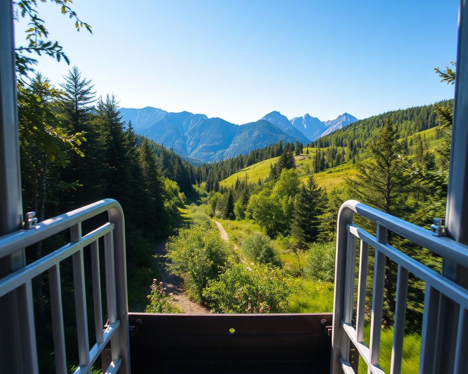 A beautiful view from a mountain railway ride in summer, capturing the experience of a scenic journey through lush green forests and rolling hills. In the foreground, the open cabin of the mountain train is visible, with minimal white railings, allowing for an unobstructed view. The middle ground features vibrant greenery, dotted with wildflowers, while the background showcases majestic mountains under a clear blue sky. Soft sunlight filters through the leaves, casting dappled shadows on the train and surrounding landscape. The image should be captured from an angle that gives a sense of motion forward, enhancing the feeling of adventure and exploration. The overall mood is uplifting and serene, inviting viewers to imagine the thrill of the ride.